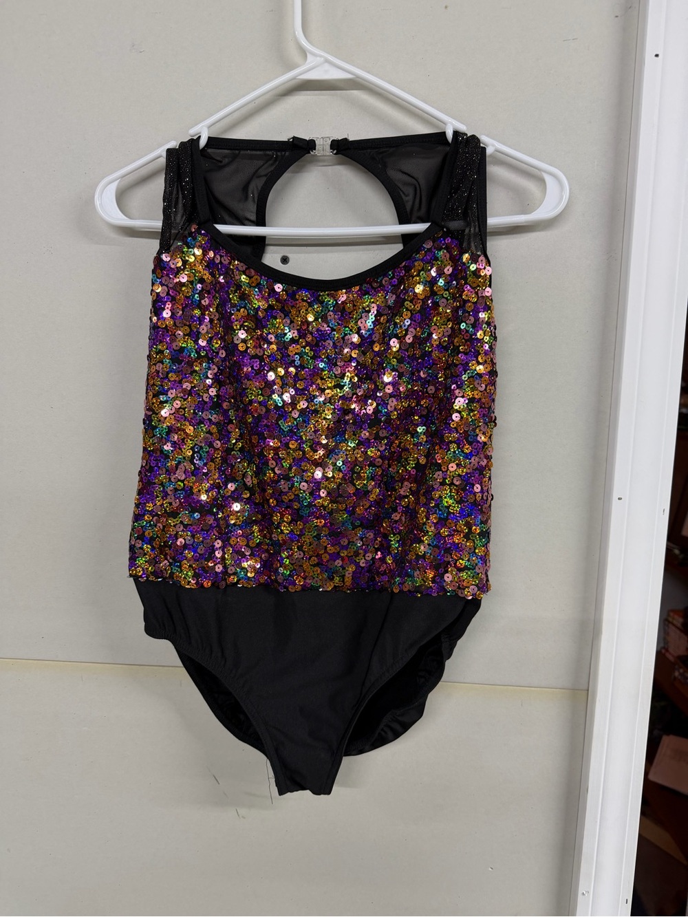 Girls Black Dance Leotard with Purple & Multicolor Sequins